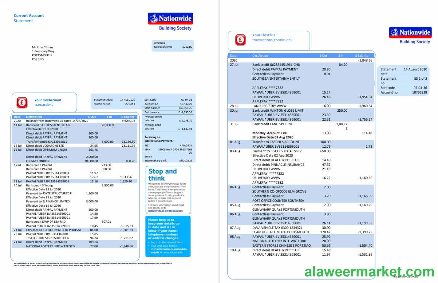 United Kingdom Nationwide bank statement template in .doc and .pdf format (5 pages)